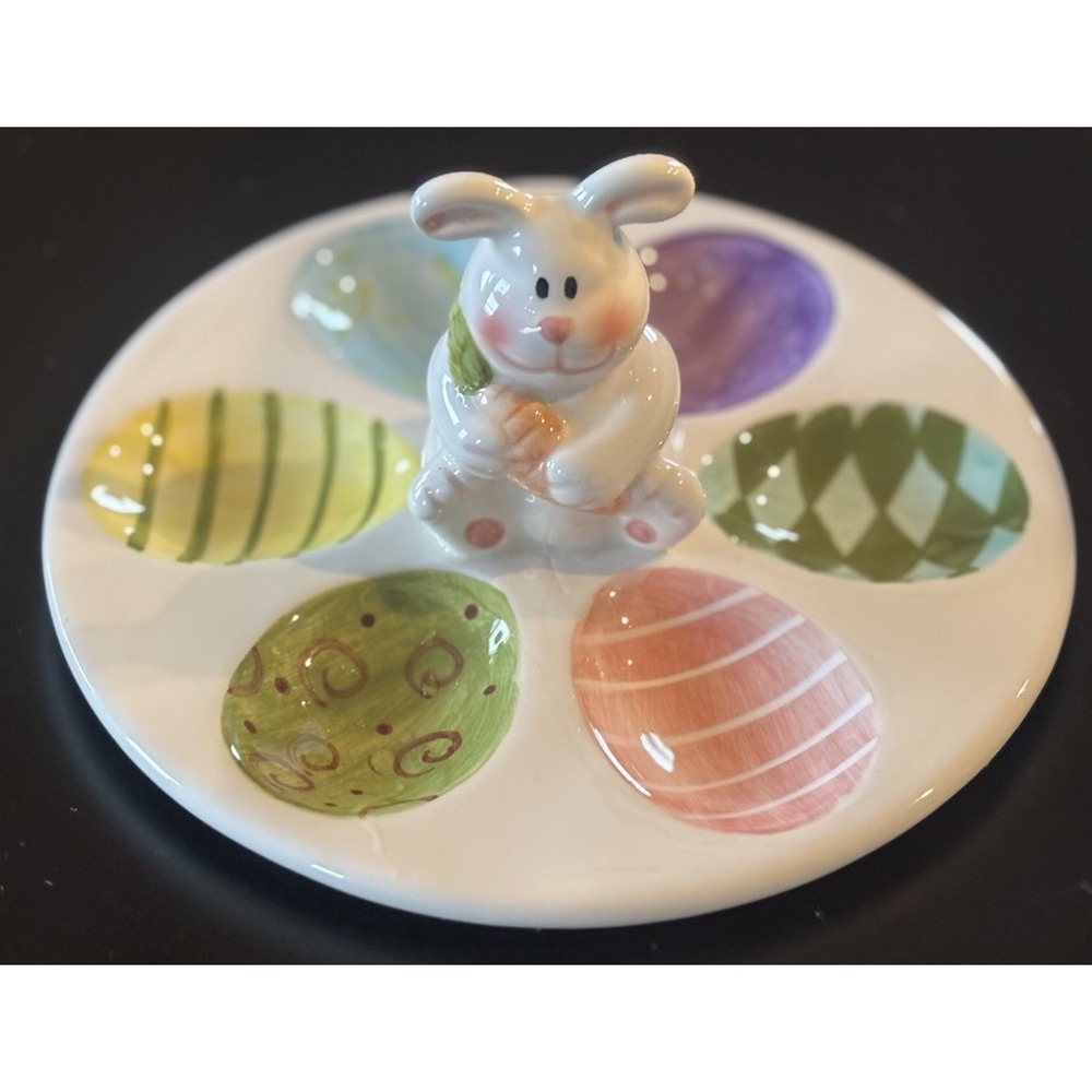 Bunny Rabbit Deviled Egg Plate Easter Holds 6 Deviled Eggs Ceramic 6.5" Diameter